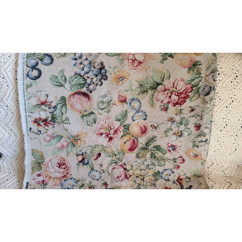 Vintage Floral Fruit Screen Printed Fabric Linen Look 152x55 Scotchgard ESD